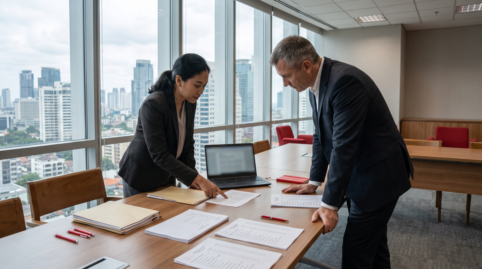 Foreign executive and Indonesian compliance specialist comparing company records with OSS data