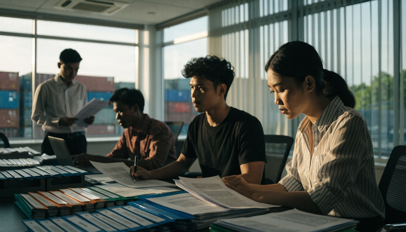 Indonesian import compliance team reviewing company and shipping documents