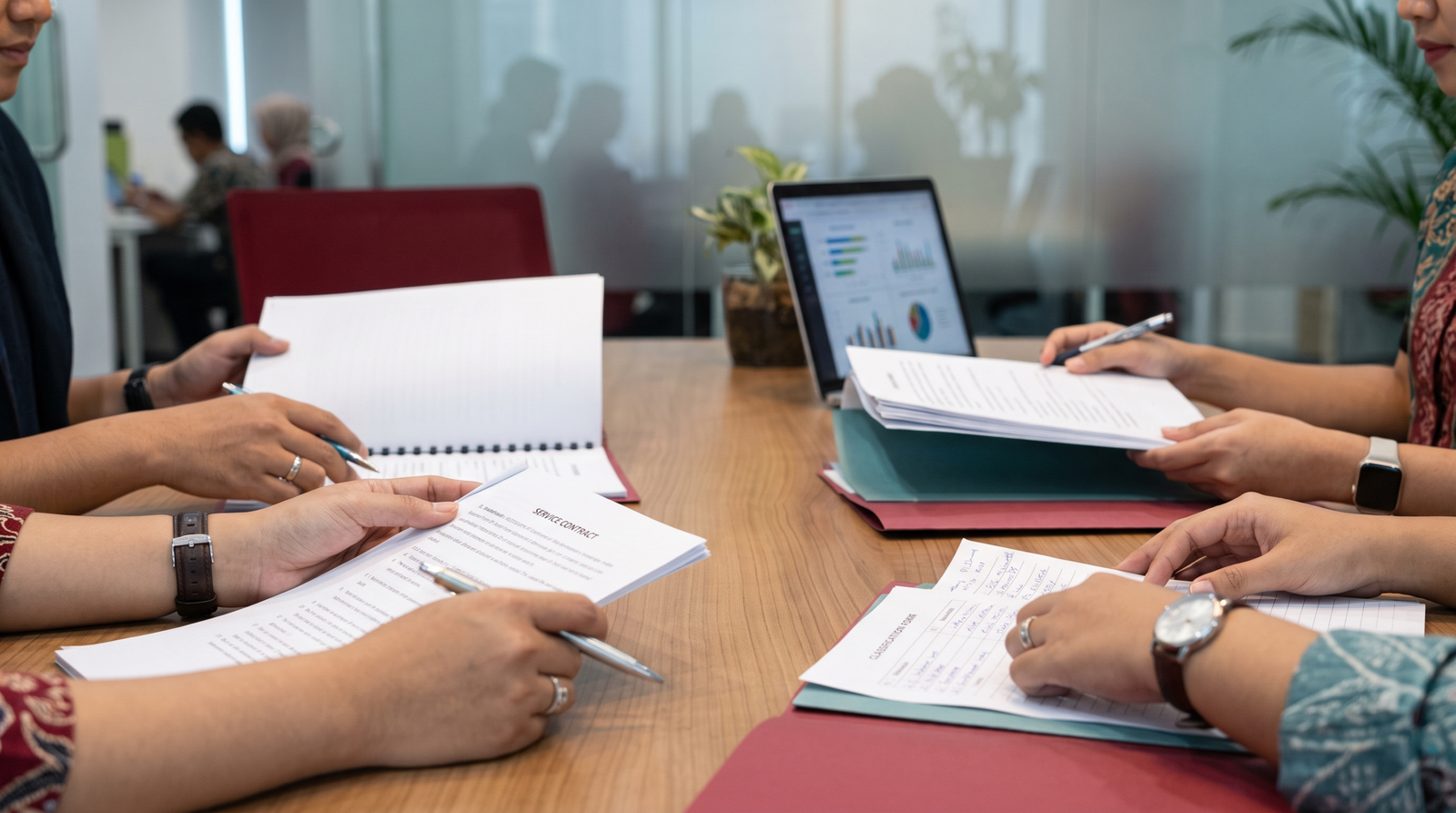 Business advisers comparing consulting contracts with Indonesian licensing classifications