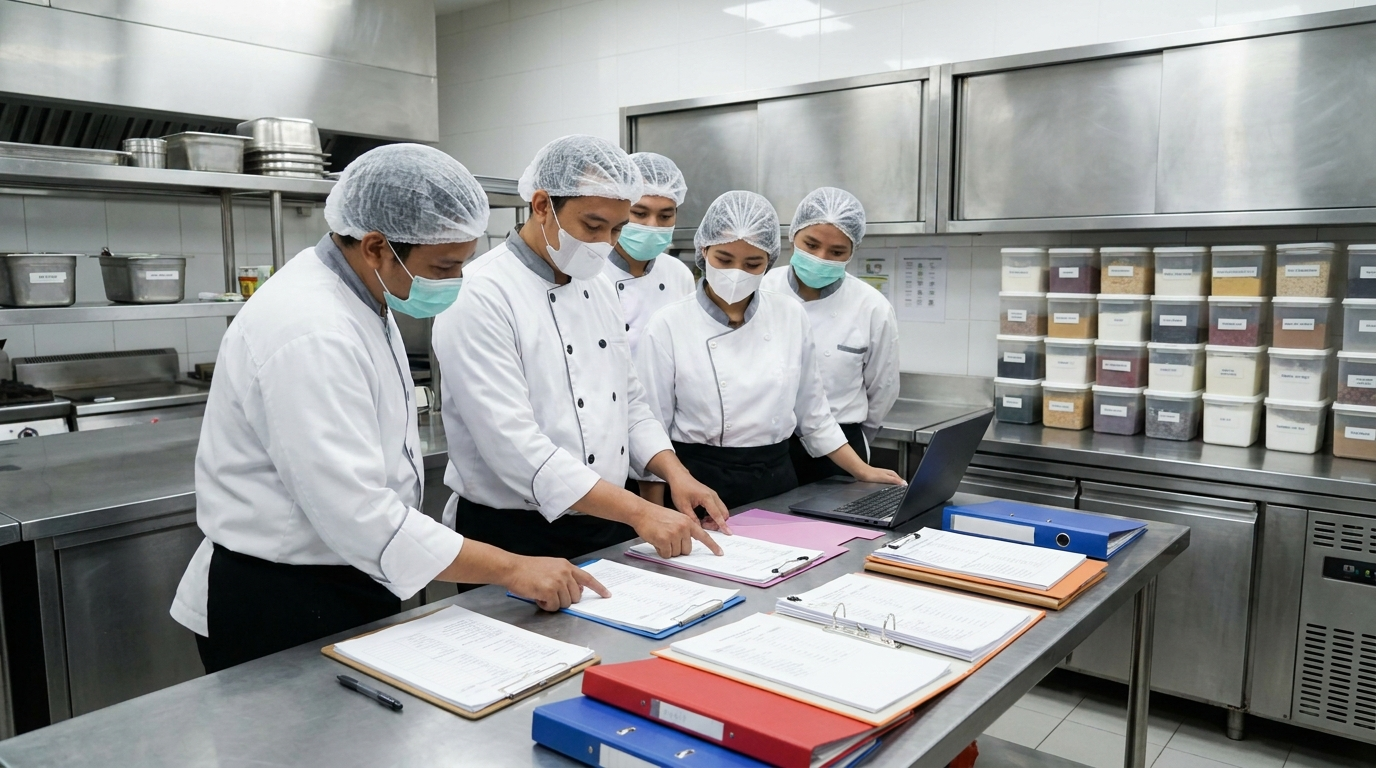 Commercial kitchen team managing food safety, suppliers and compliance records in Indonesia