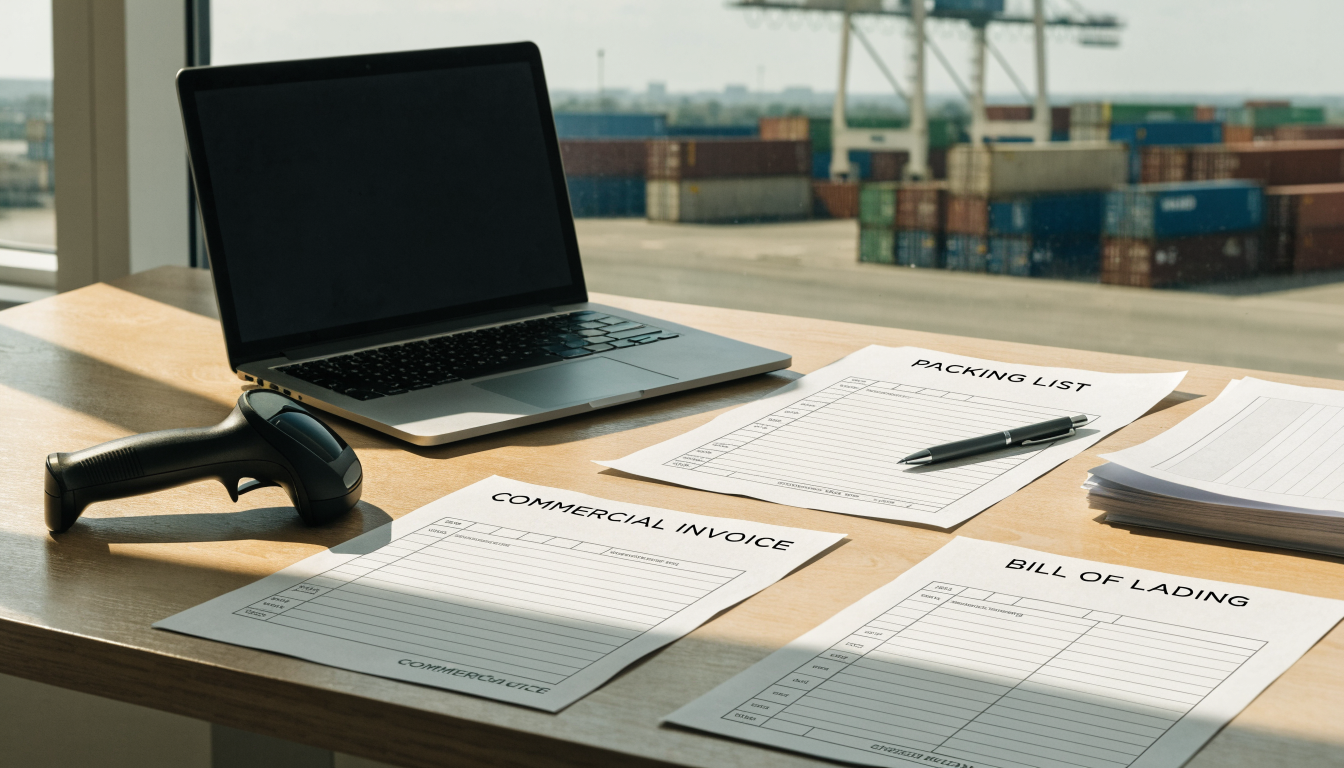 Organized import documents beside a laptop and barcode scanner