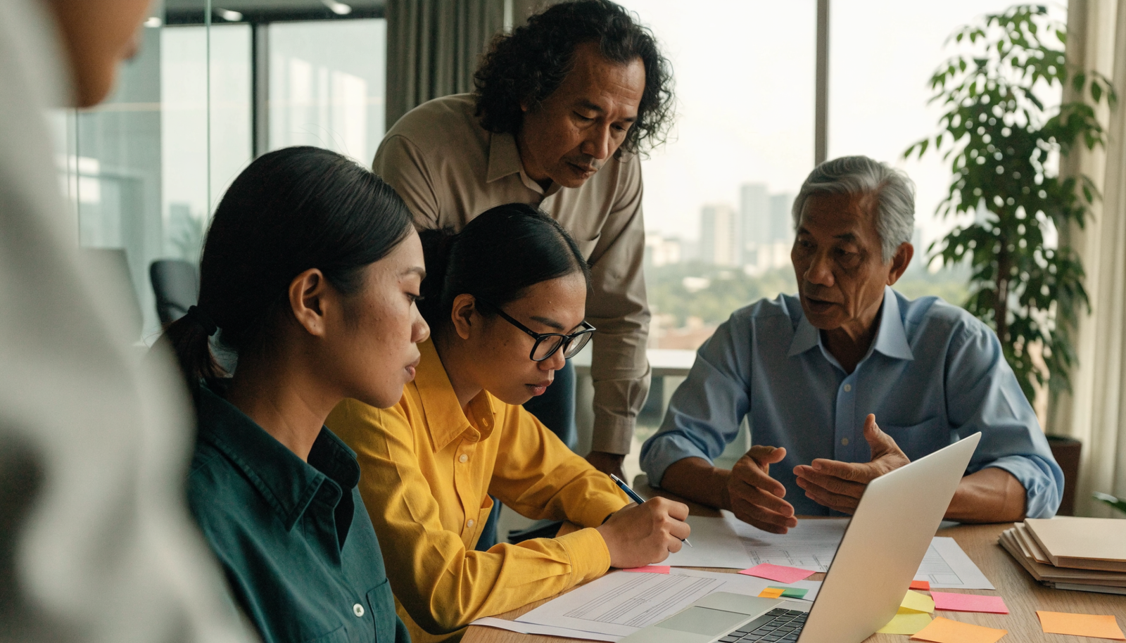 Advisory team organizing business activity and licensing documents for an Indonesia company