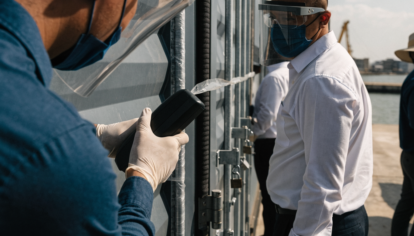 Customs and logistics professionals inspecting a sealed container at an Indonesian port