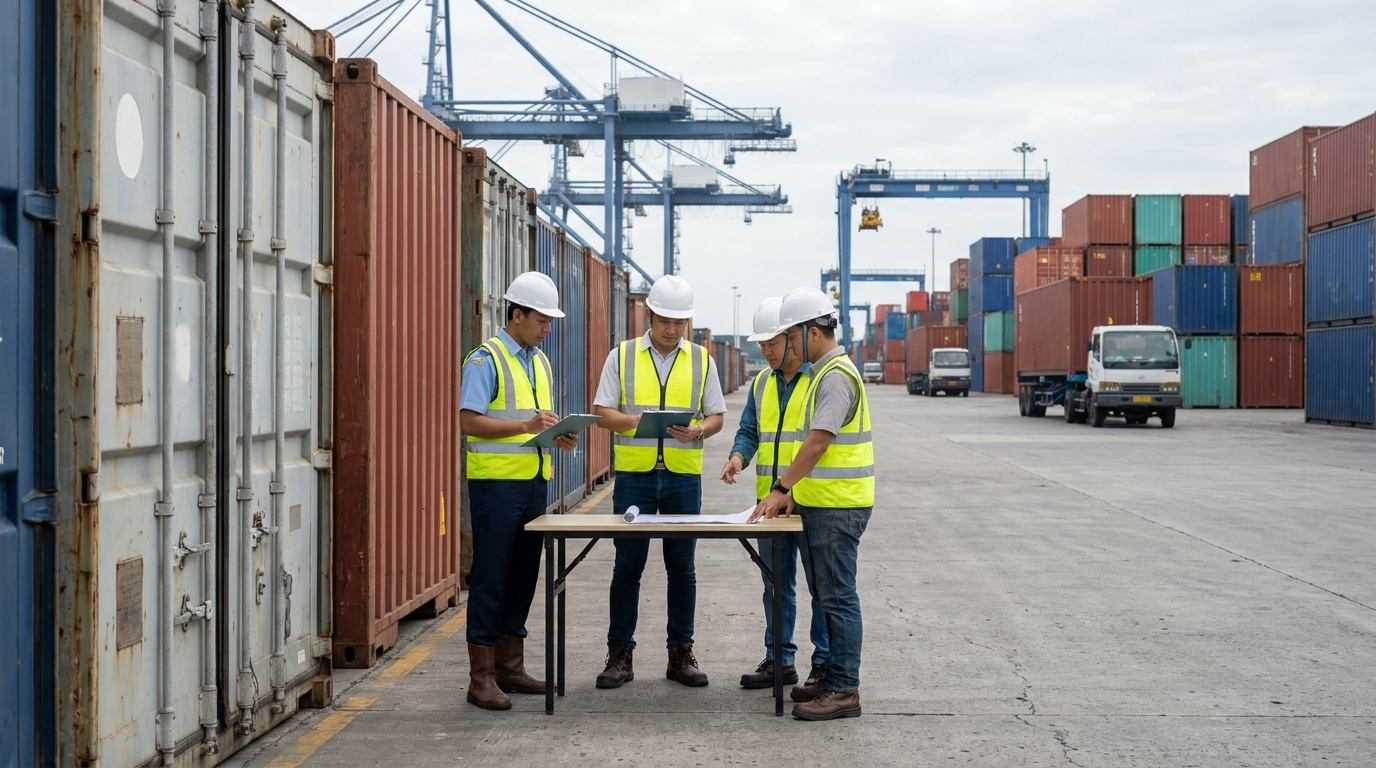 Customs and company representatives checking cargo documents at an Indonesian terminal