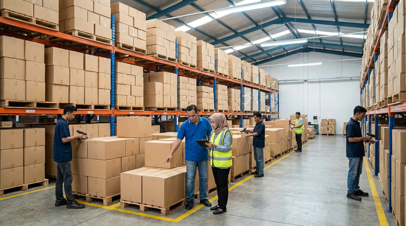 Indonesian warehouse team reviewing distributor inventory and traceability