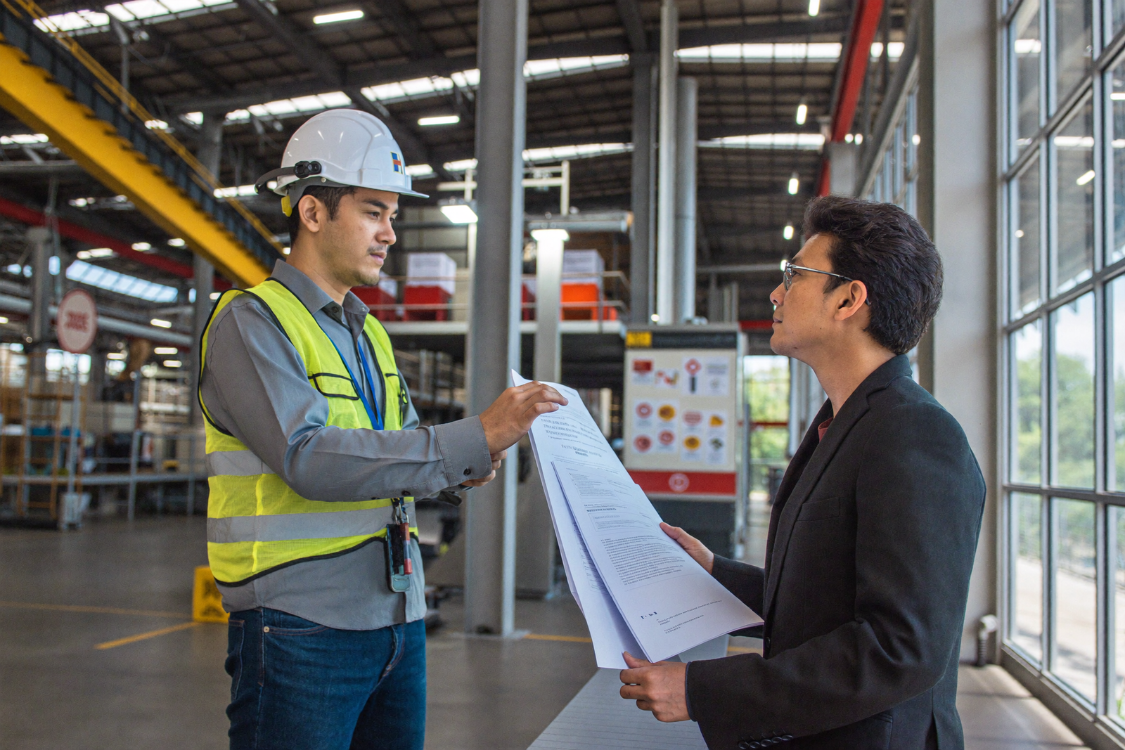 Industrial project team reviewing factory, environmental and construction licensing requirements in Indonesia.