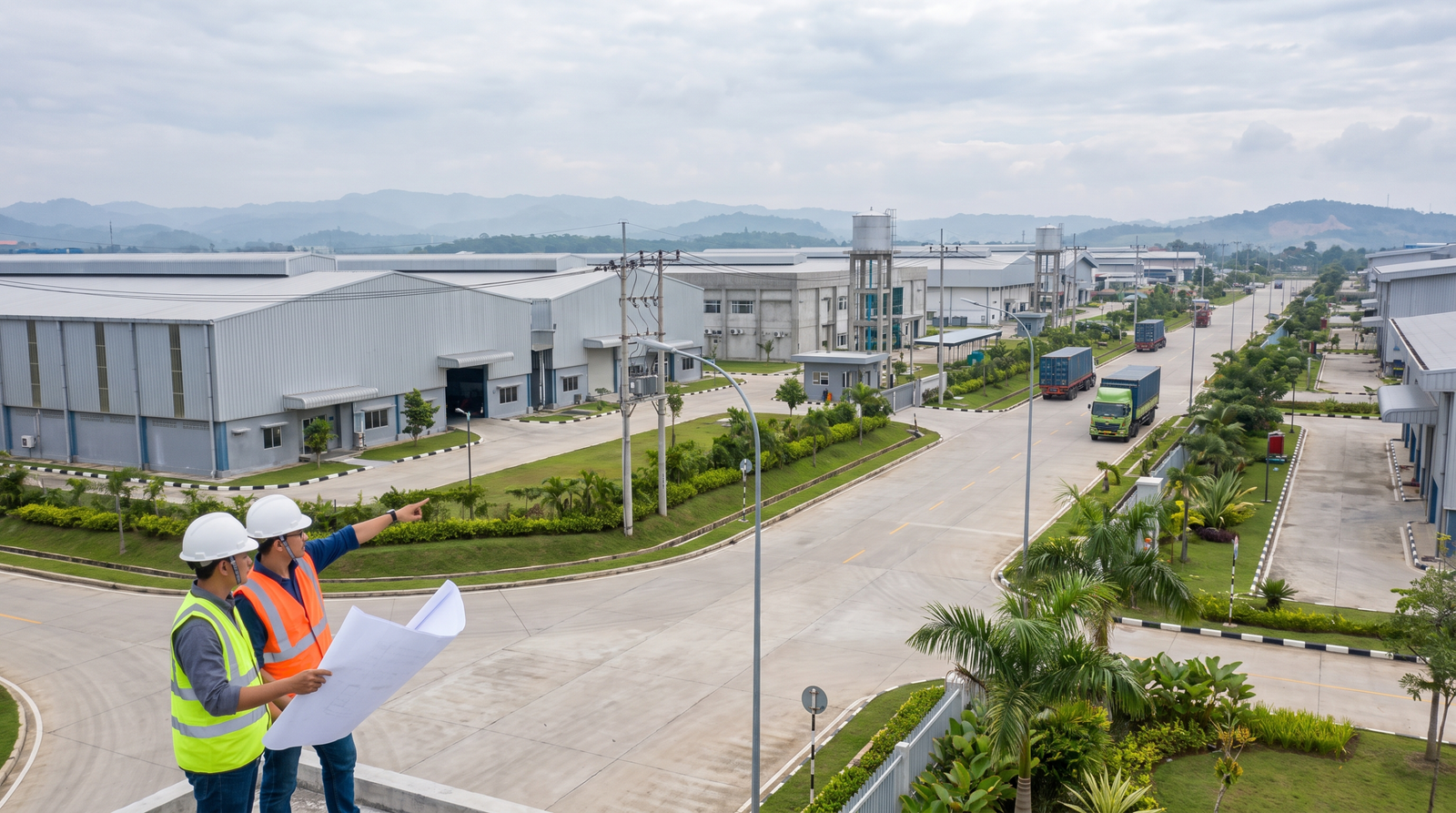 Project managers evaluating a factory site in an Indonesian industrial estate