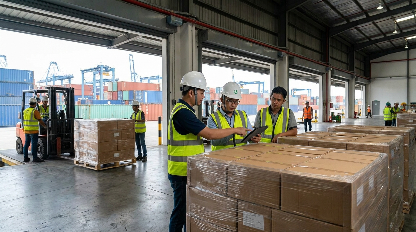 Importer compliance staff checking product documents in an Indonesian warehouse
