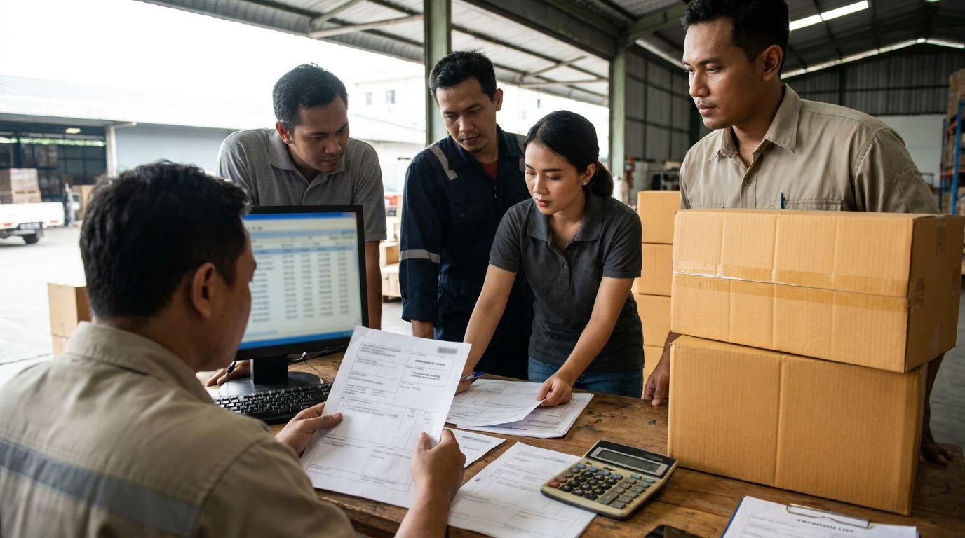 Import operations team checking commercial invoice, certificate of origin and customs cost calculations for Indonesia