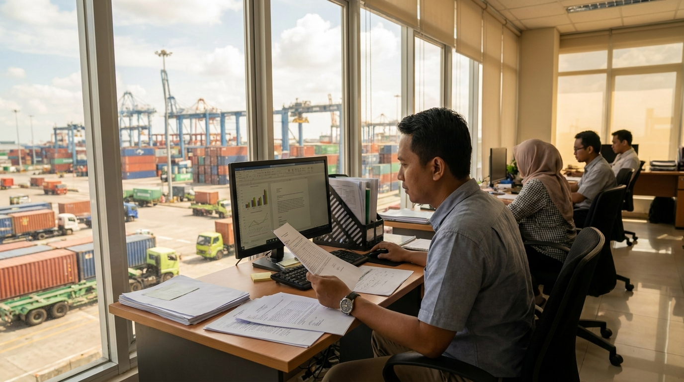 Compliance manager reviewing import documents beside an Indonesian container terminal