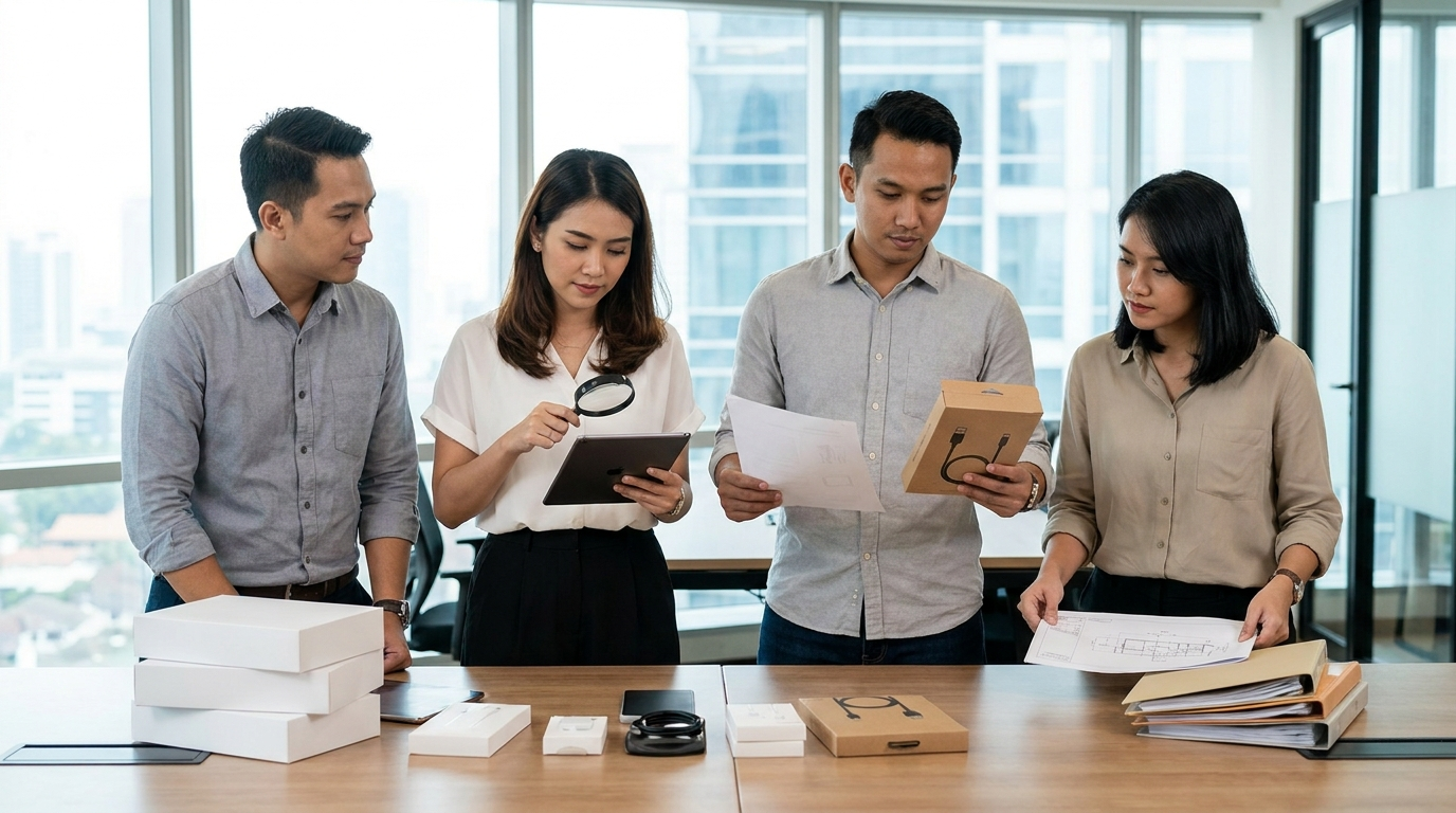 Compliance team reviewing product specifications, packaging and shipment data before importing into Indonesia