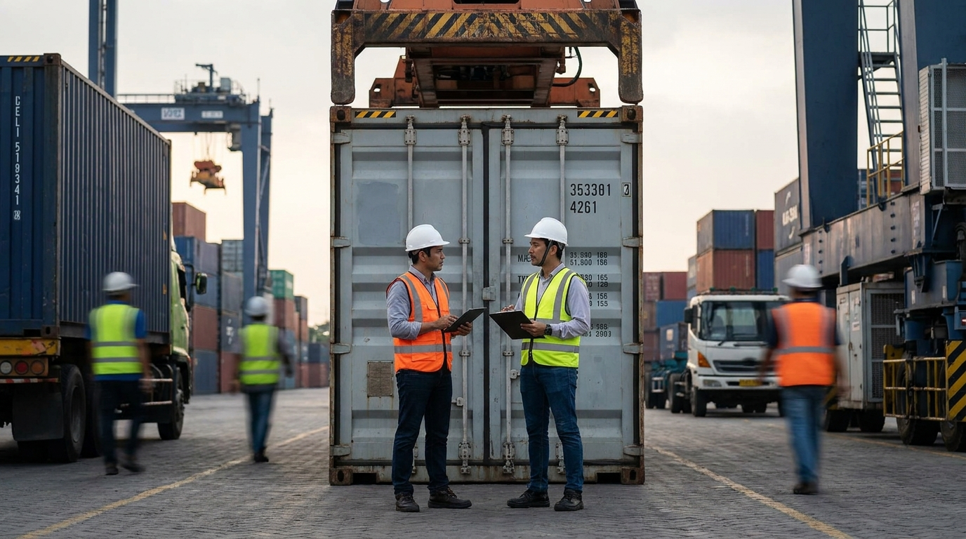 Indonesia port logistics team coordinating imported goods with a distributor