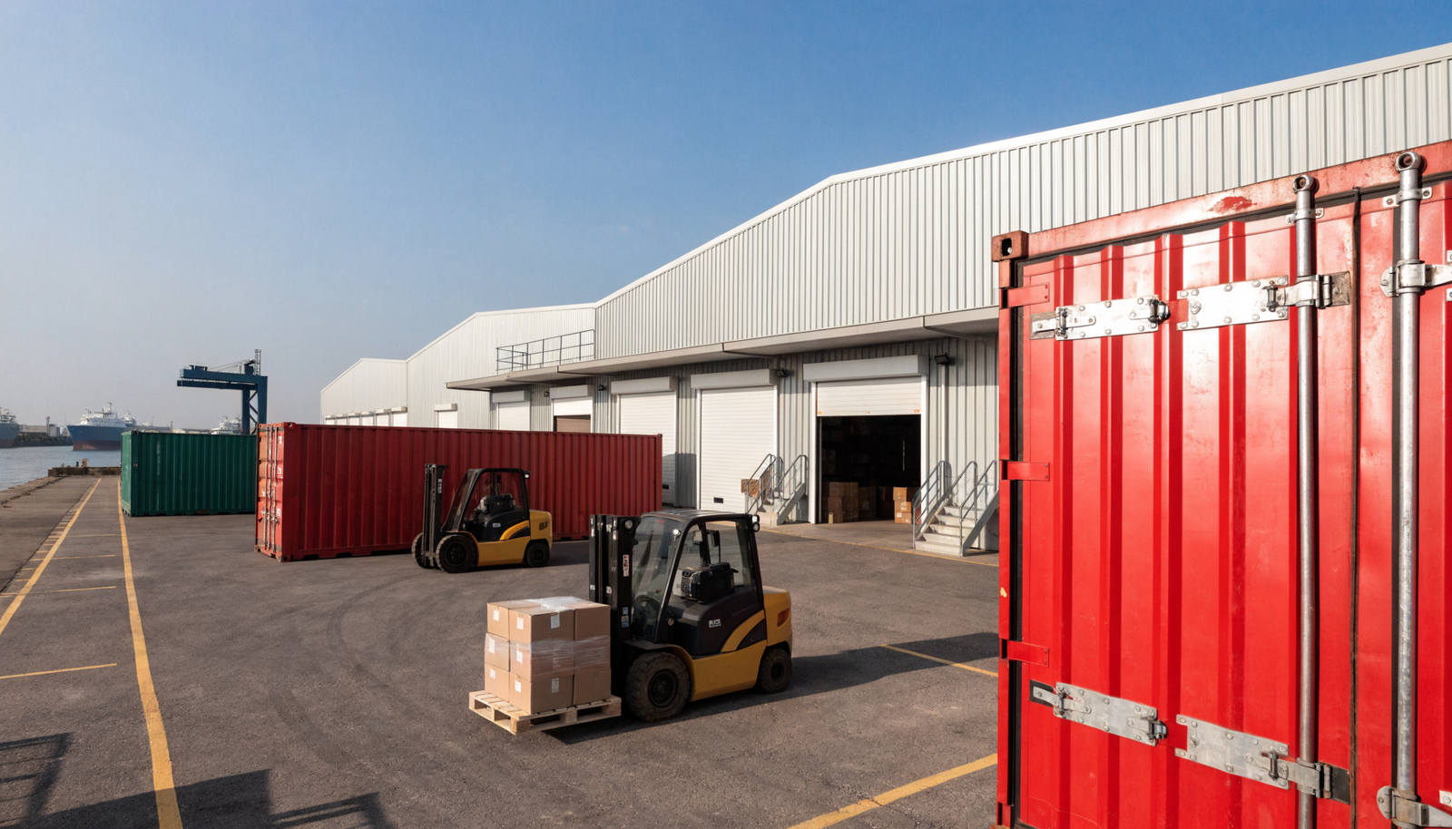 Containers and forklifts moving goods through an Indonesian distribution facility
