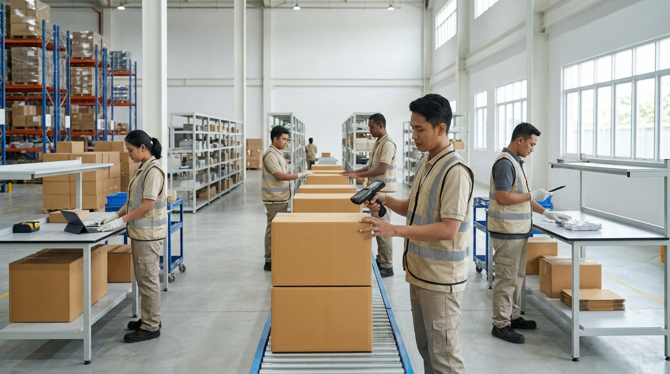 Warehouse team checking imported consumer goods in Indonesia