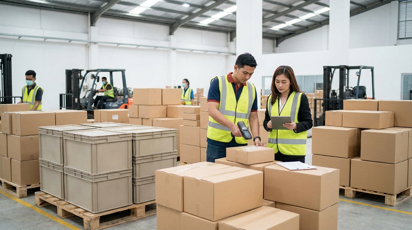 Compliance specialist checking imported products in an Indonesian warehouse