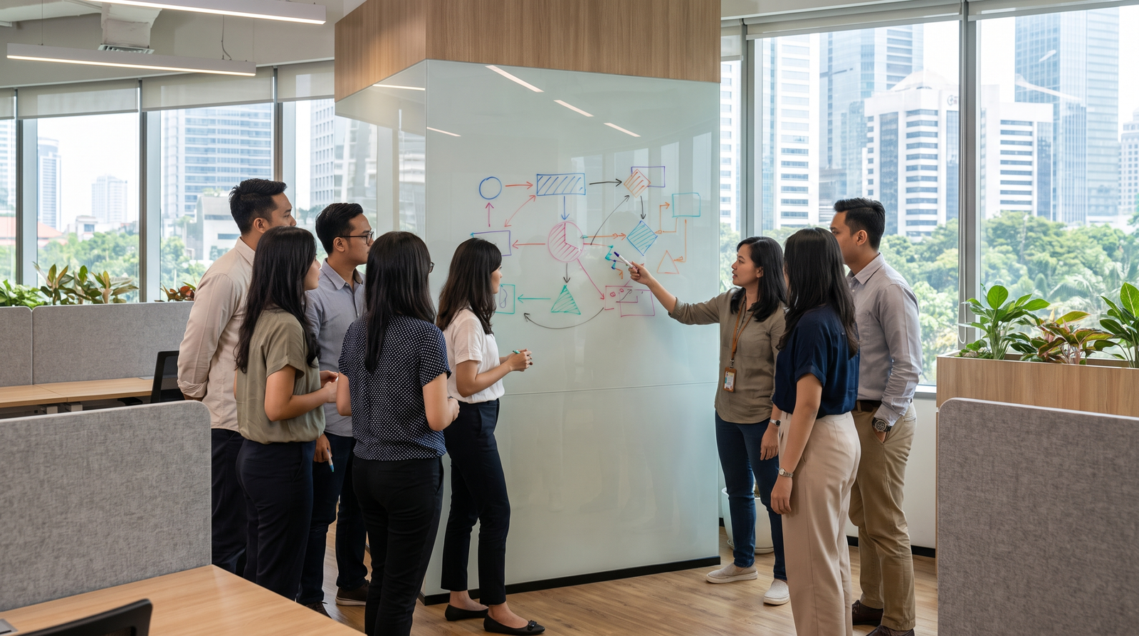 Business team mapping Indonesian licensing workstreams in a Jakarta office