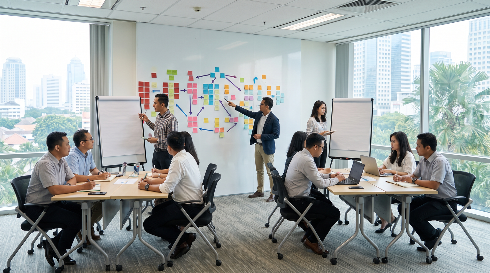 Business team coordinating licensing and operating-readiness workstreams in Indonesia