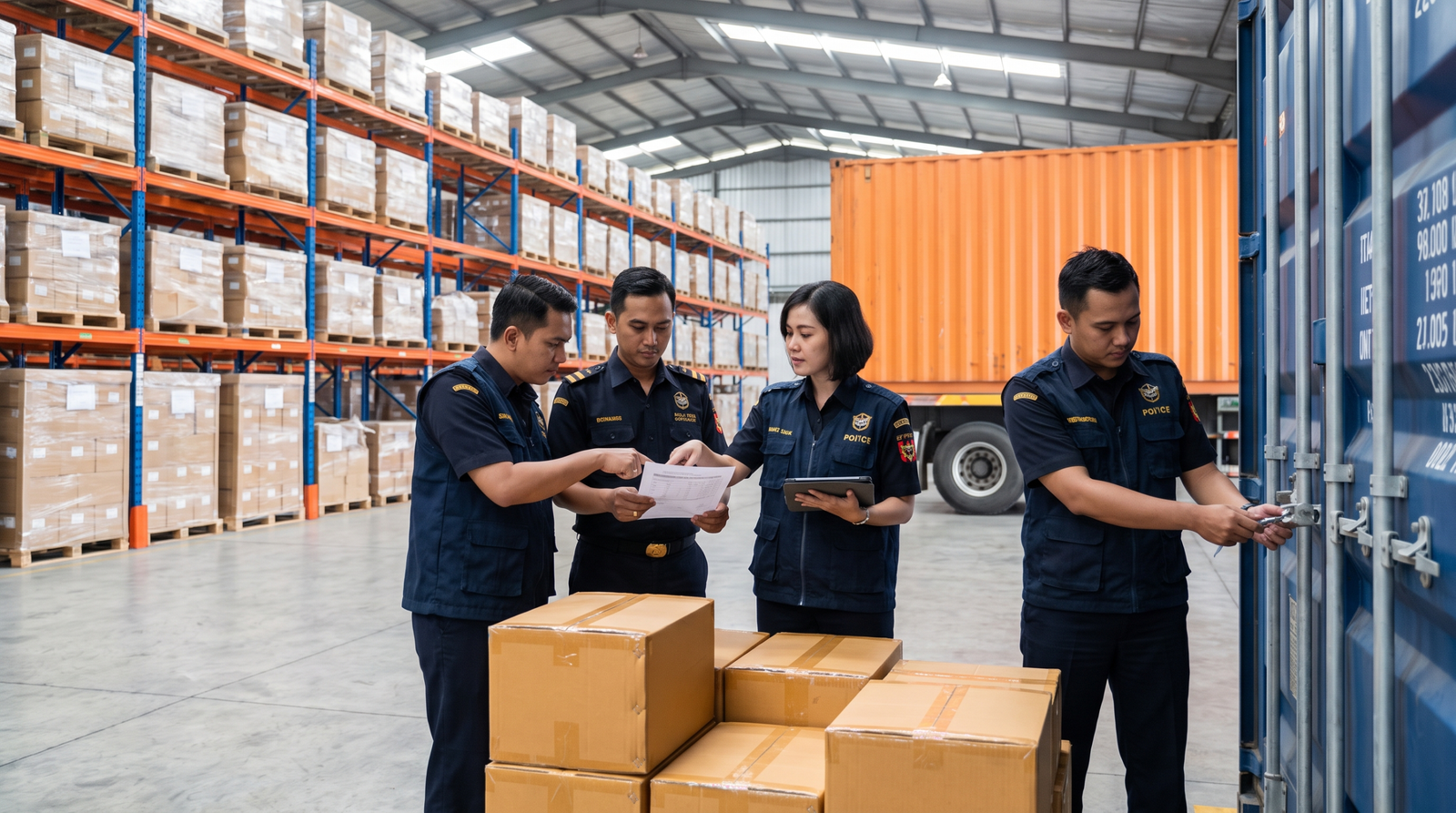 Indonesian logistics and compliance team checking cartons and shipping documents before dispatch