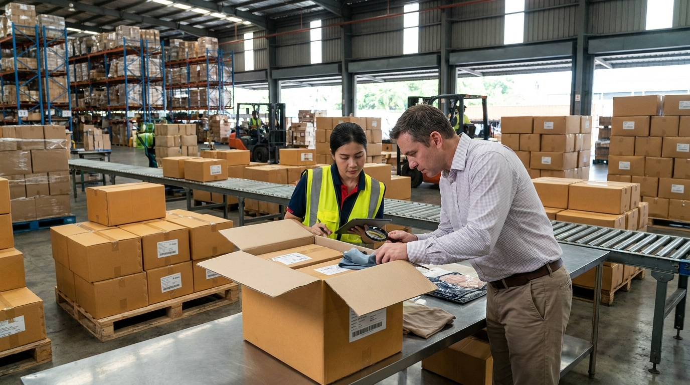 Quality inspector reviewing labels and cartons before shipment to Indonesia