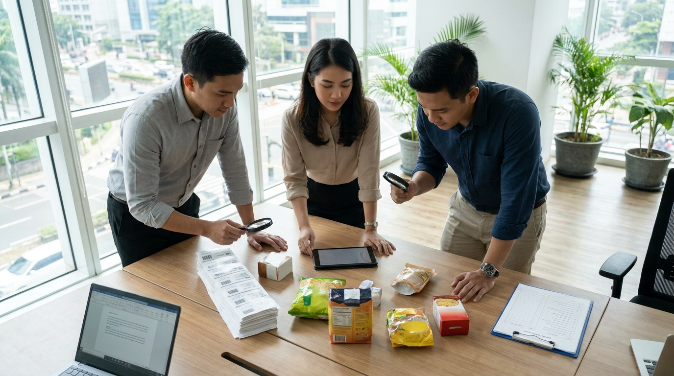 Indonesia product compliance specialists reviewing labels and product samples