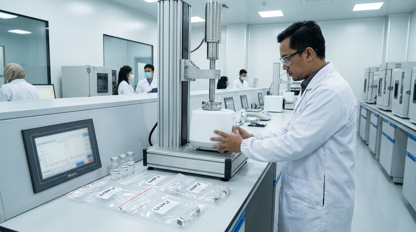 Laboratory technician conducting product conformity testing for Indonesia