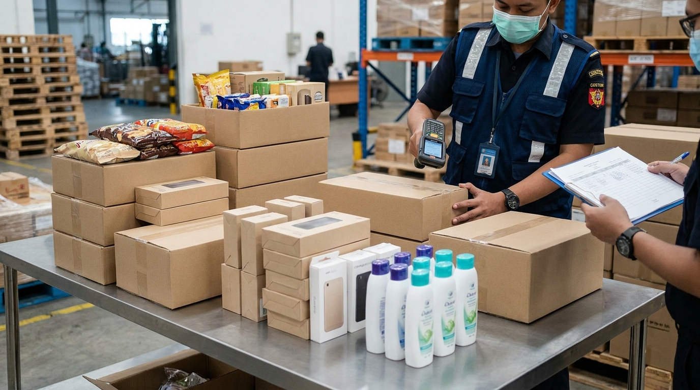 Brand-neutral foods electronics and personal-care goods undergoing import compliance checks