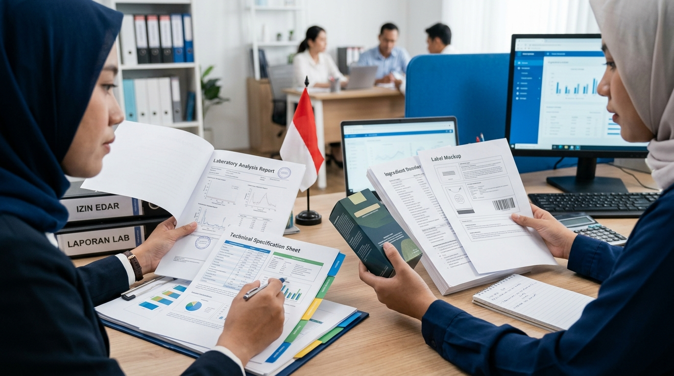 Compliance specialist comparing product documents and Indonesian label requirements