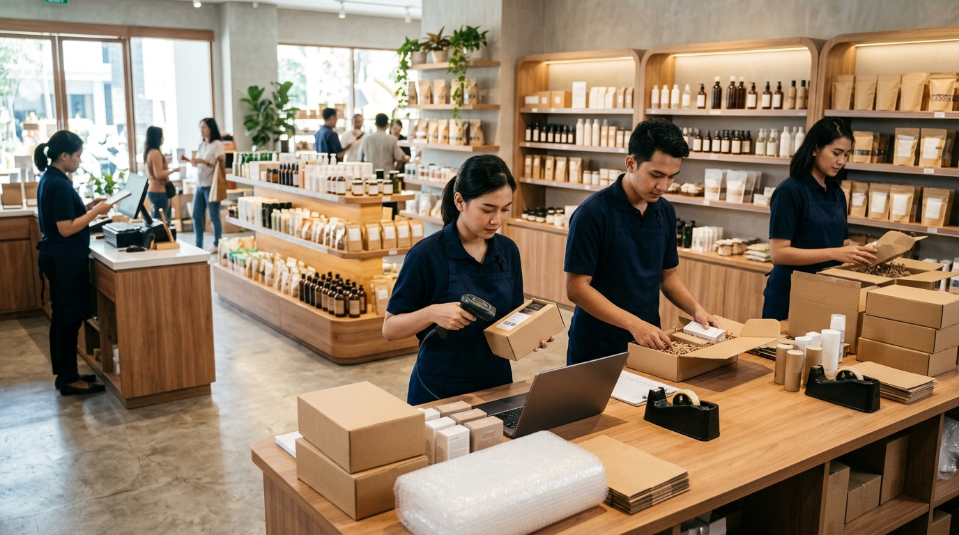 Team reviewing labels and records before selling products in Indonesia