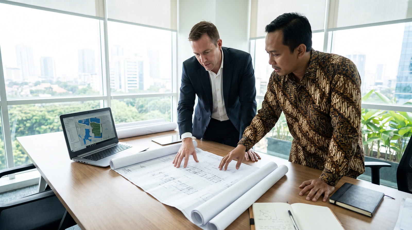 Foreign executive and Indonesian manager reviewing project location and facility plans