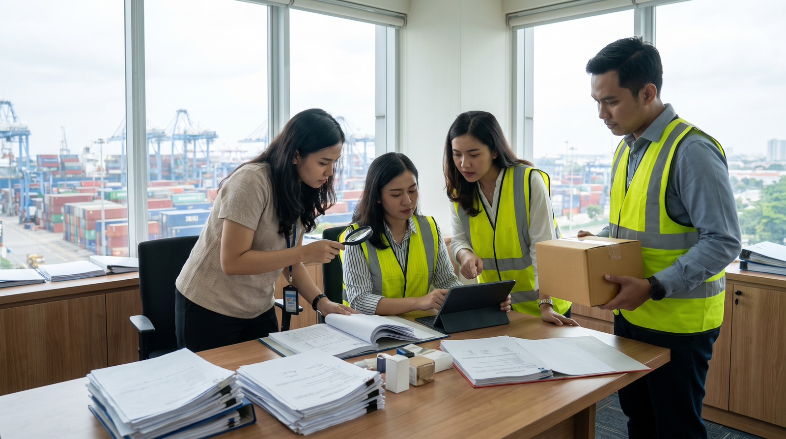 Import compliance specialists checking Indonesian shipment documents before dispatch