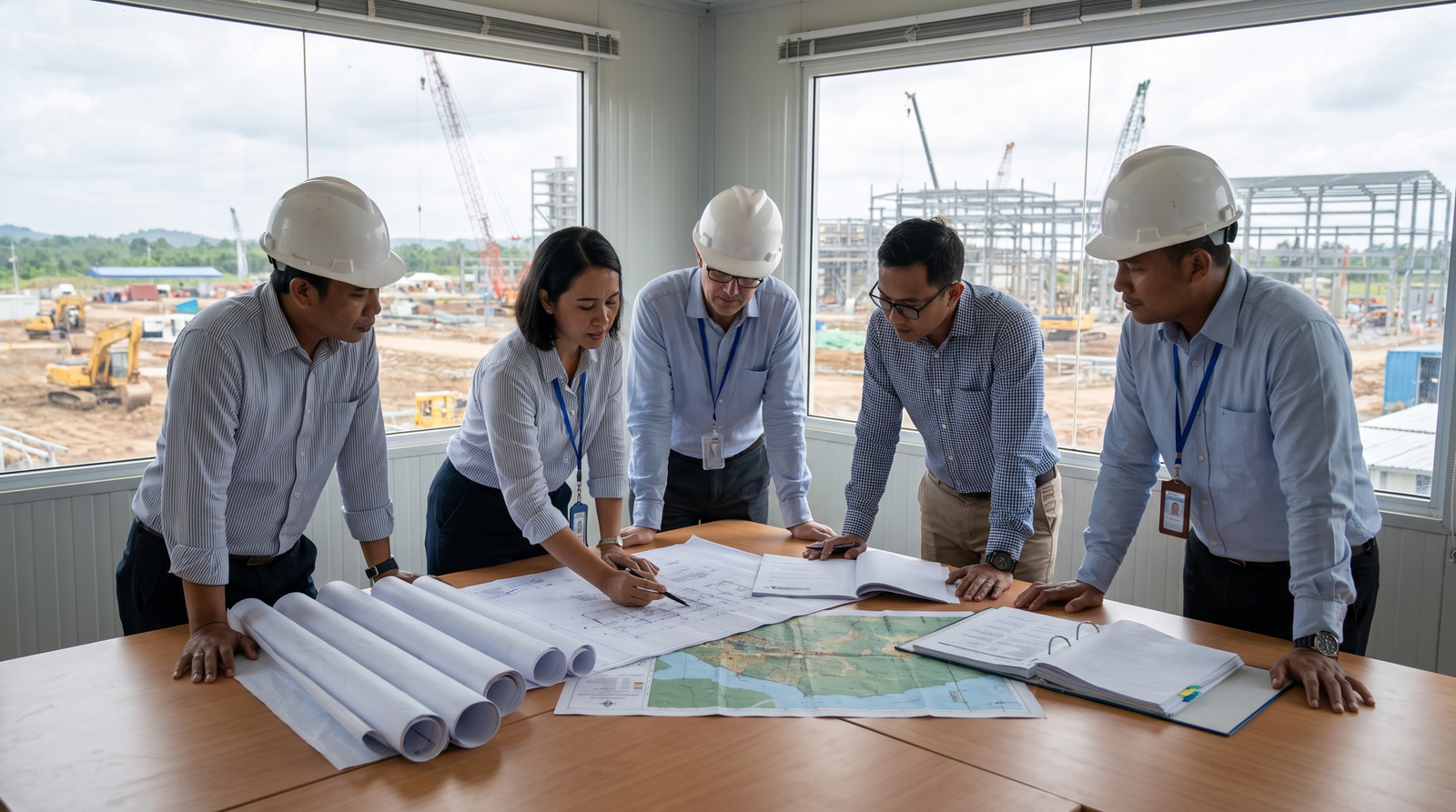 Project team reviewing location and operational requirements for an Indonesian investment