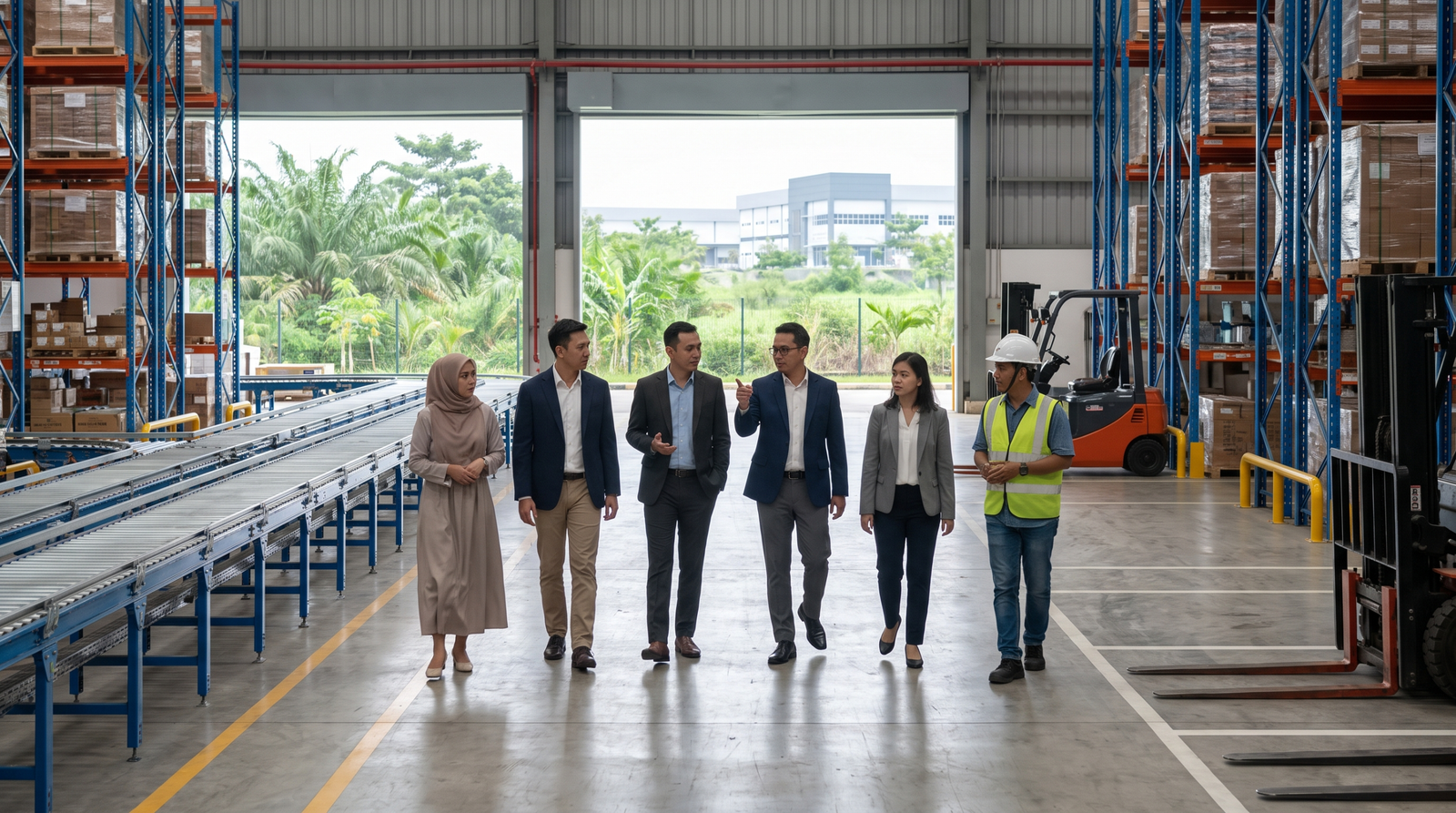 Executives reviewing production warehousing and distribution activities at an Indonesian facility
