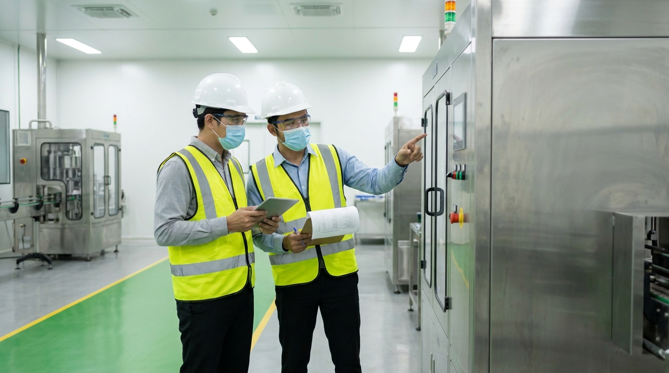 Operations manager and adviser checking industrial facility readiness in Indonesia