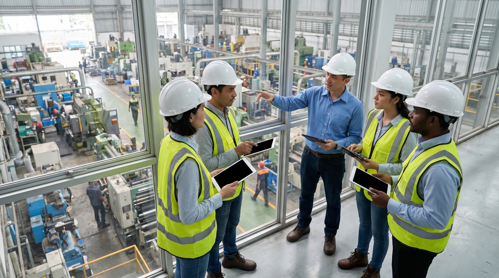 Industrial project team reviewing site readiness for Indonesian business licensing
