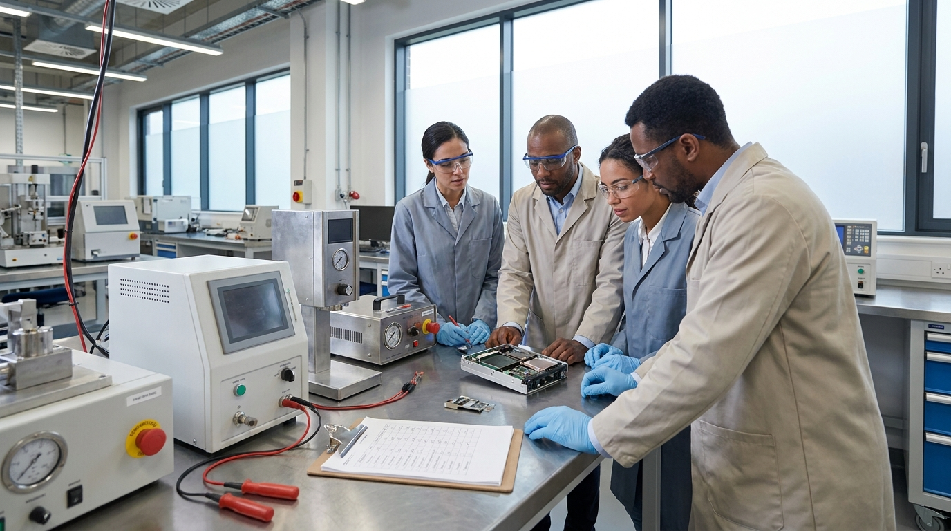 Factory quality team assessing a product sample for mandatory SNI compliance