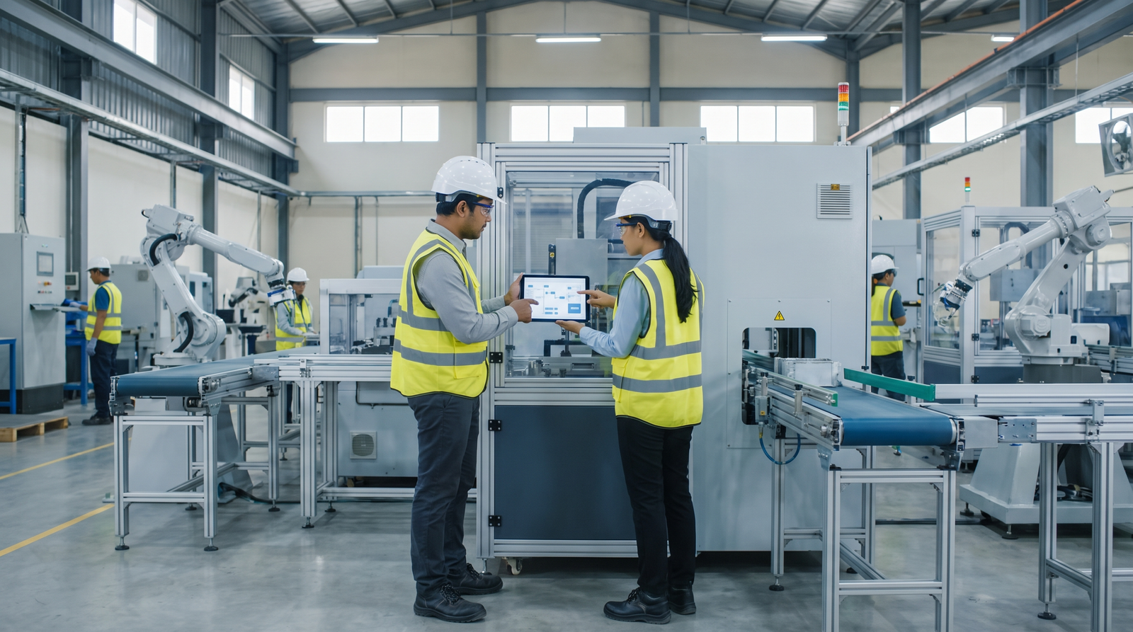 Manufacturing managers reviewing production processes in a modern Indonesian factory