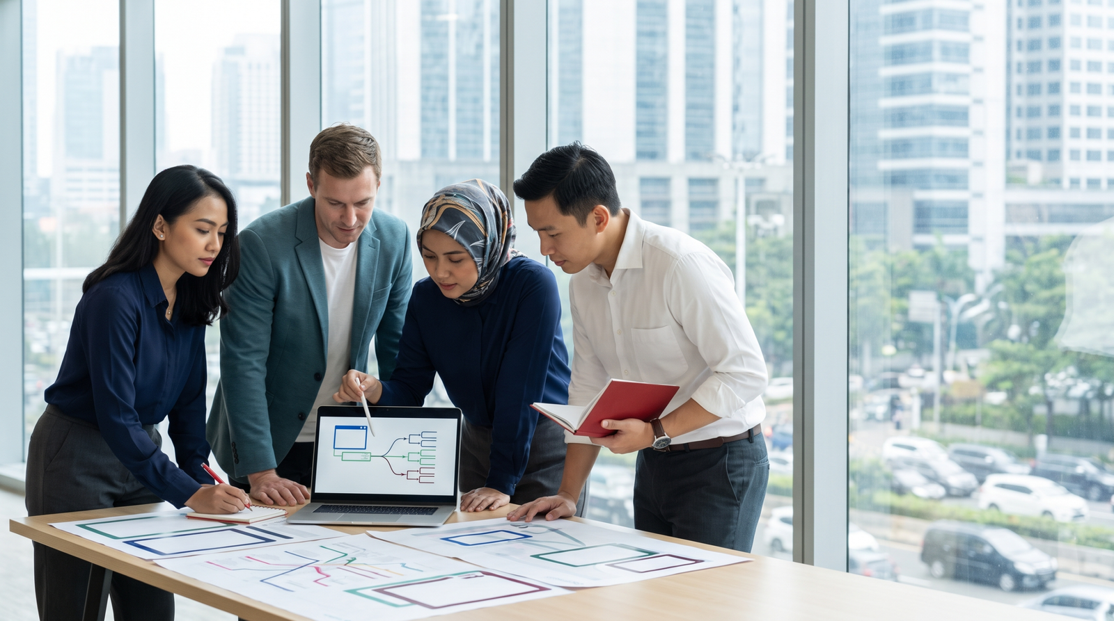 Foreign investors and an Indonesian adviser mapping business activities before an OSS application