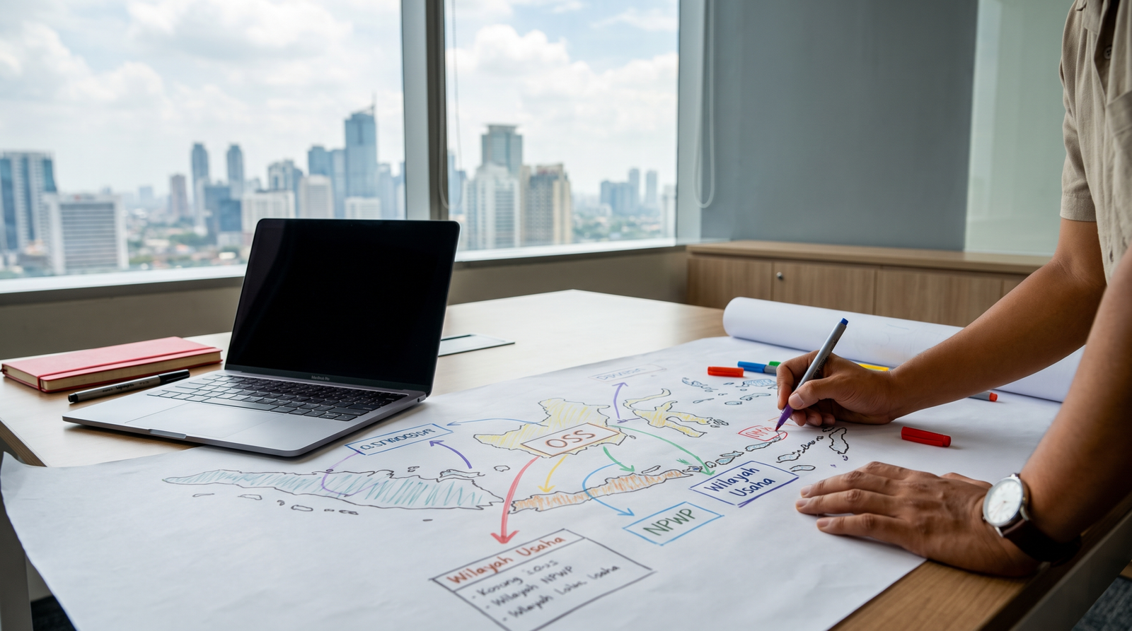 Business team mapping company activities, locations and compliance steps