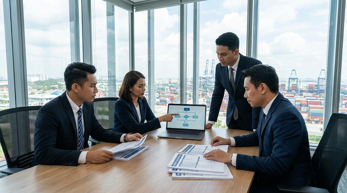 Indonesian compliance and logistics professionals reviewing NIB and import licensing documents
