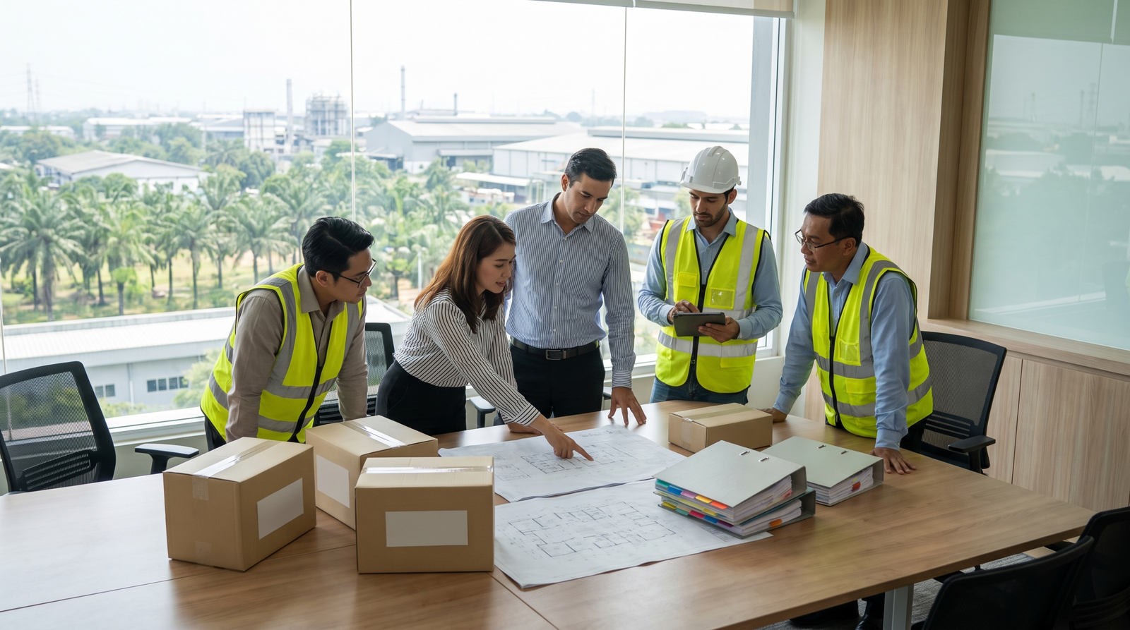 Industrial and office representatives checking site plans and compliance documents before operations