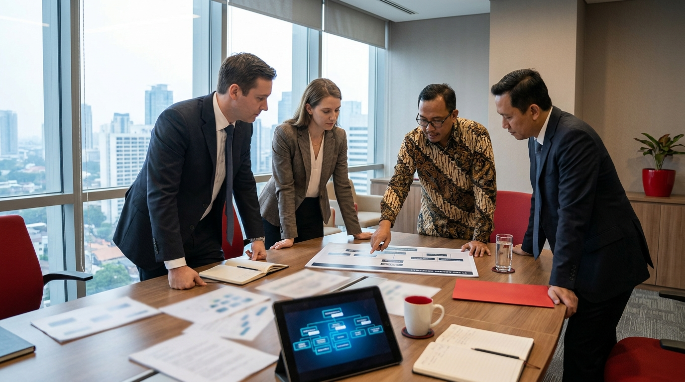 Two corporate representatives reviewing a PT PMA ownership chart in Indonesia