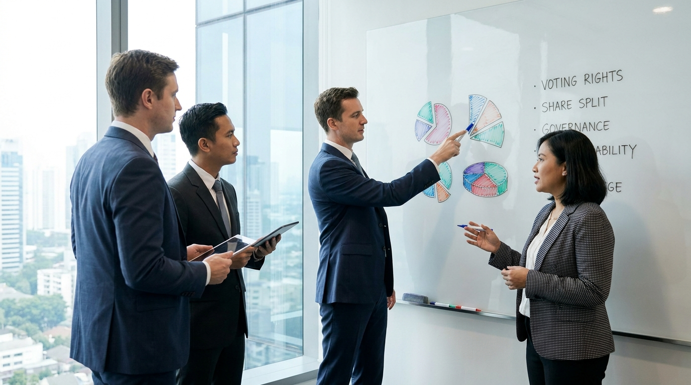 Foreign investors comparing PT PMA share split and voting options on a planning board