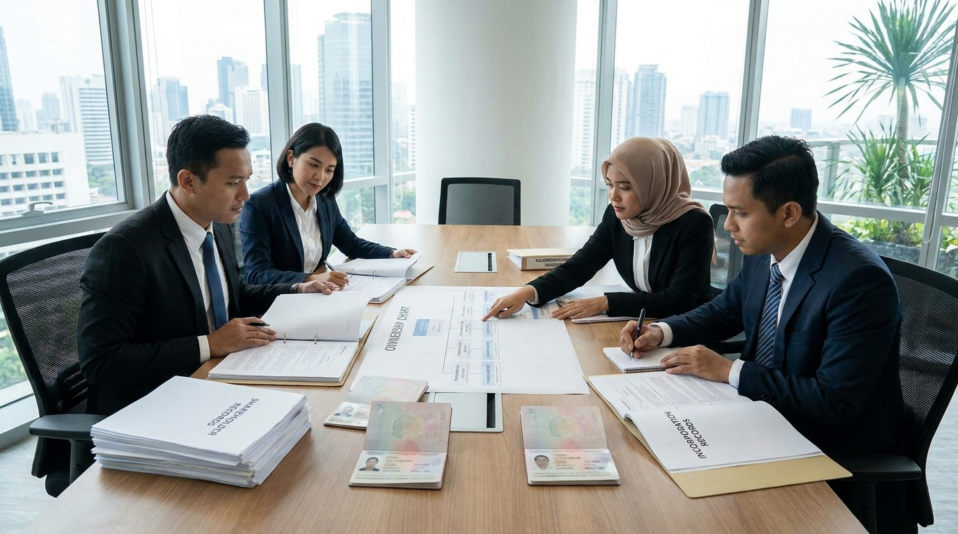 Professional team checking PT PMA shareholder documents and incorporation records