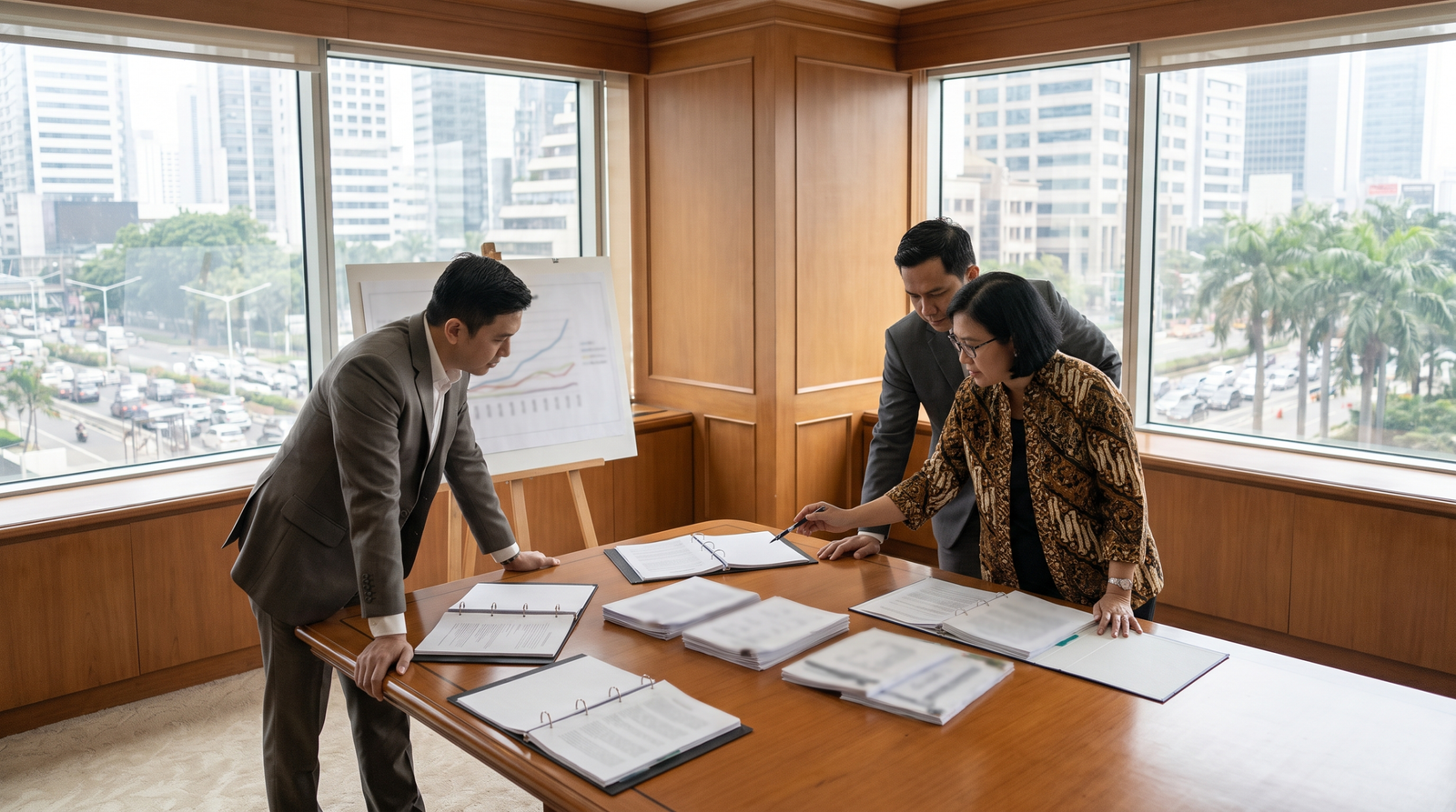 Foreign investors reviewing PT PMA incorporation documents and a shareholding plan in Indonesia