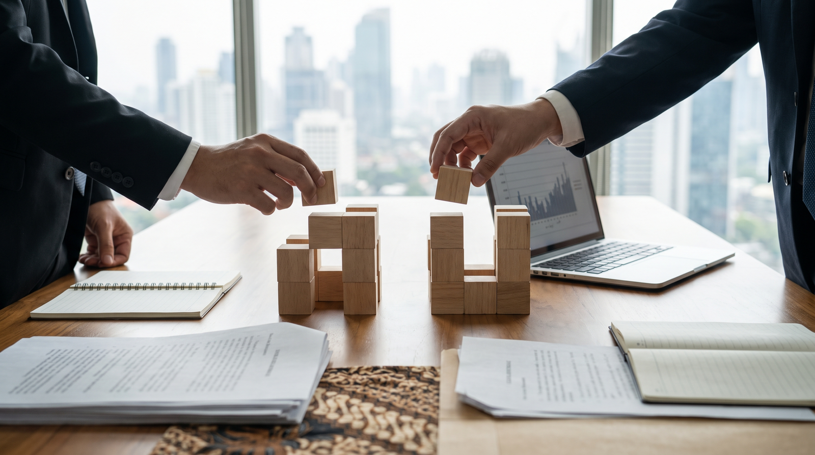 Hands arranging blocks to compare PT PMA and local PT ownership structures in Indonesia