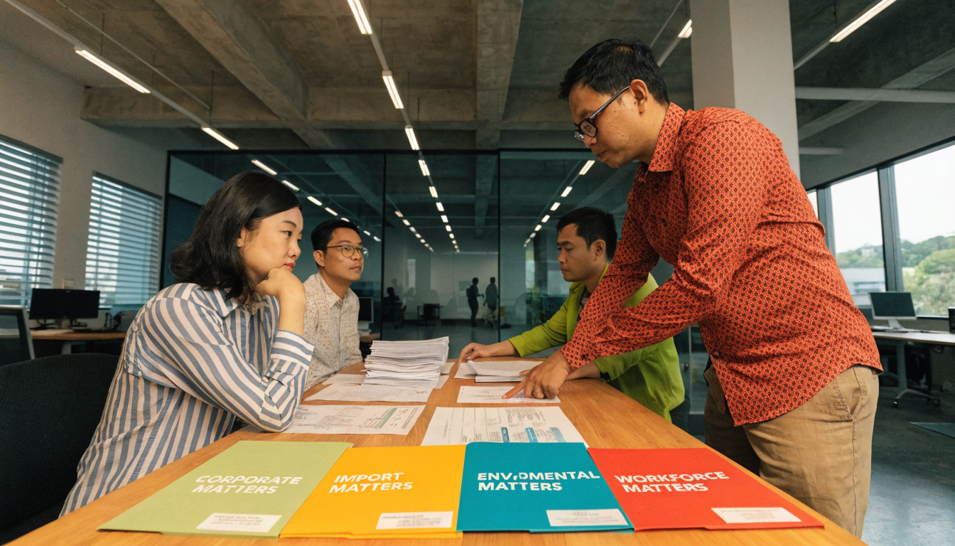 Business team coordinating corporate import environmental and workforce compliance