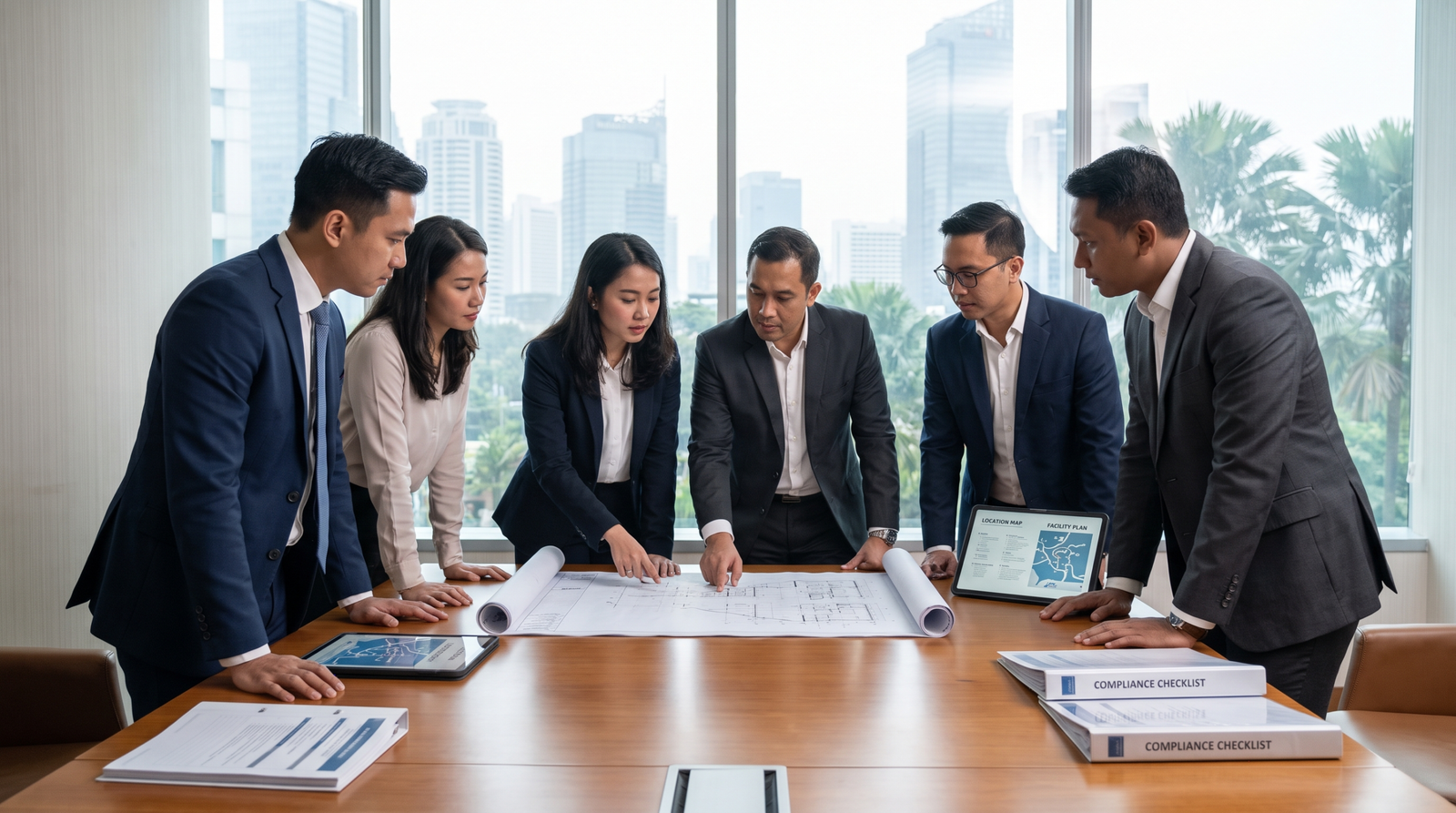 Business team reviewing location and operational requirements for a new Indonesian activity