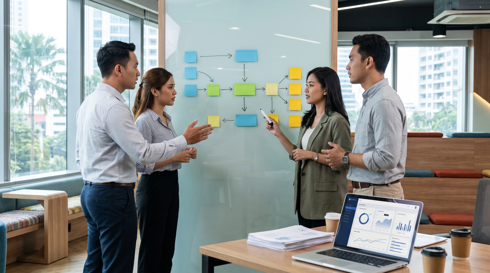 Compliance team reviewing a risk-based business licensing workflow in an Indonesian office
