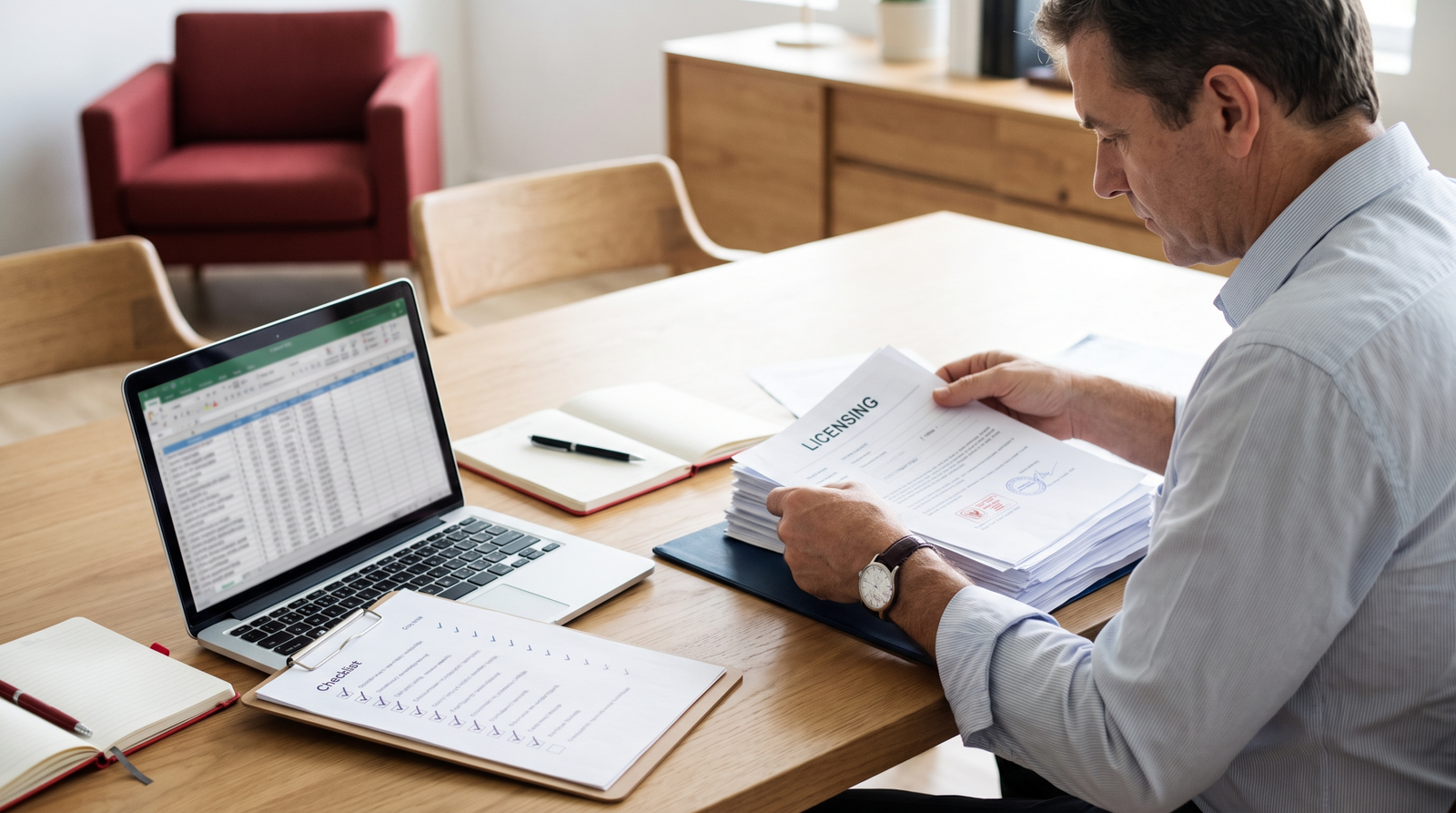 Business executive reviewing an Indonesian NIB and activity-specific licensing checklist