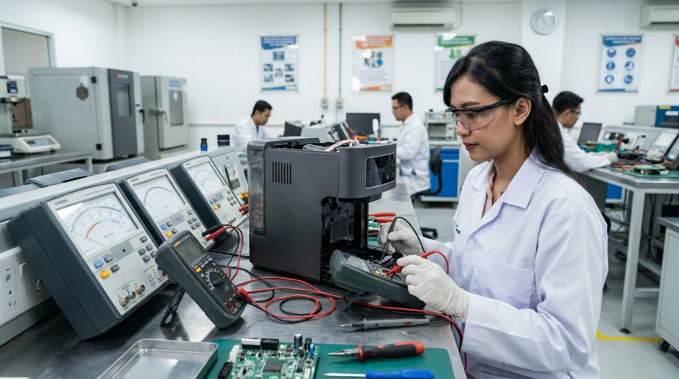 Indonesian laboratory technician conducting product conformity testing